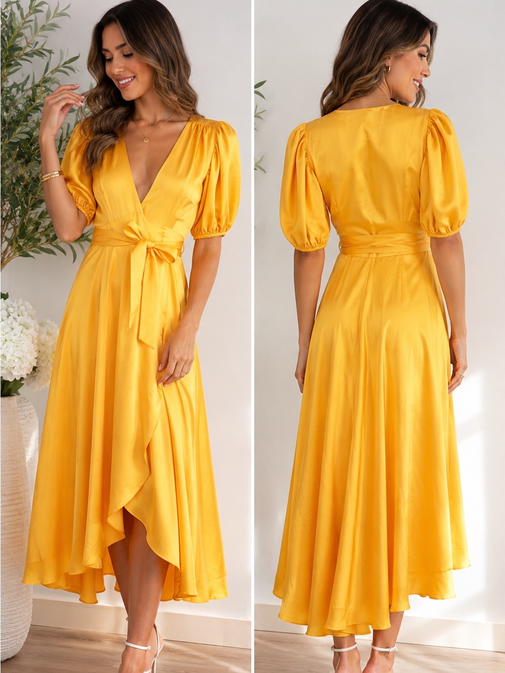 NWT Azeeza Florence Raw Silk Wrap Midi Dress Honey Yellow Puff Sleeve Sz XS